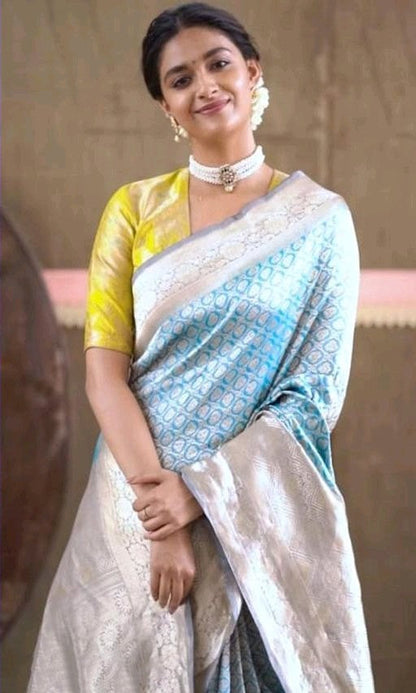 Glorious Sky Blue Color Silver Jari Design Saree