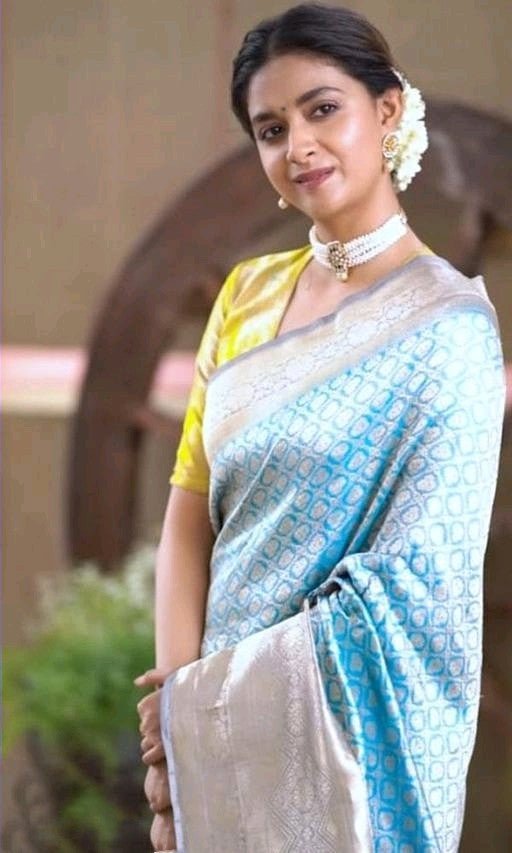 Glorious Sky Blue Color Silver Jari Design Saree
