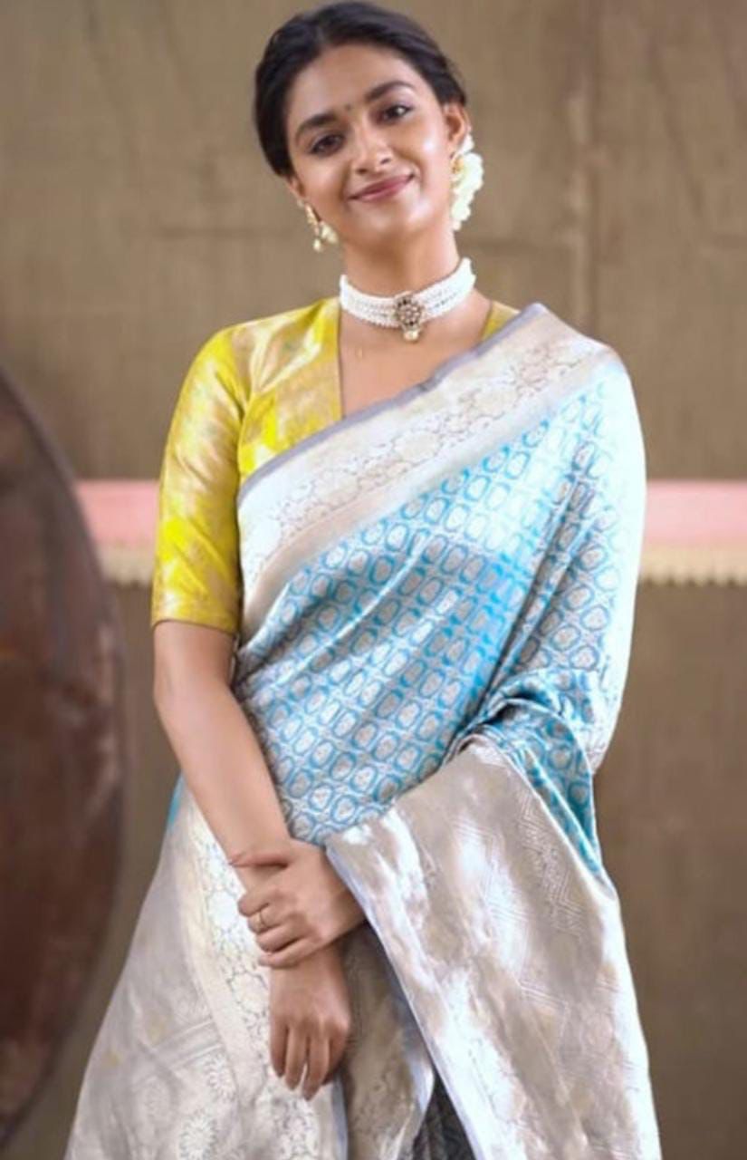 Glorious Sky Blue Color Silver Jari Design Saree
