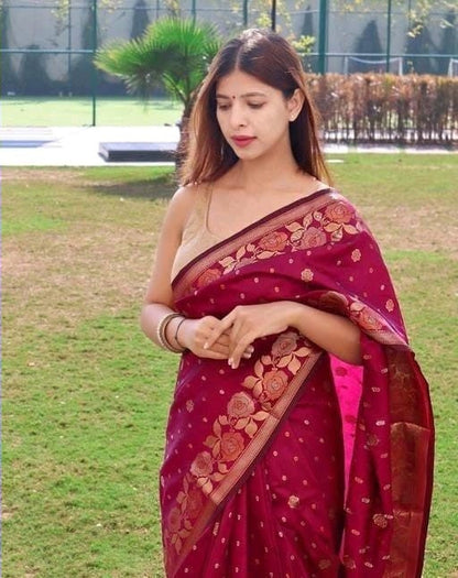 Grand Beautiful Rich Design Dark Pink Color Banarasi Saree