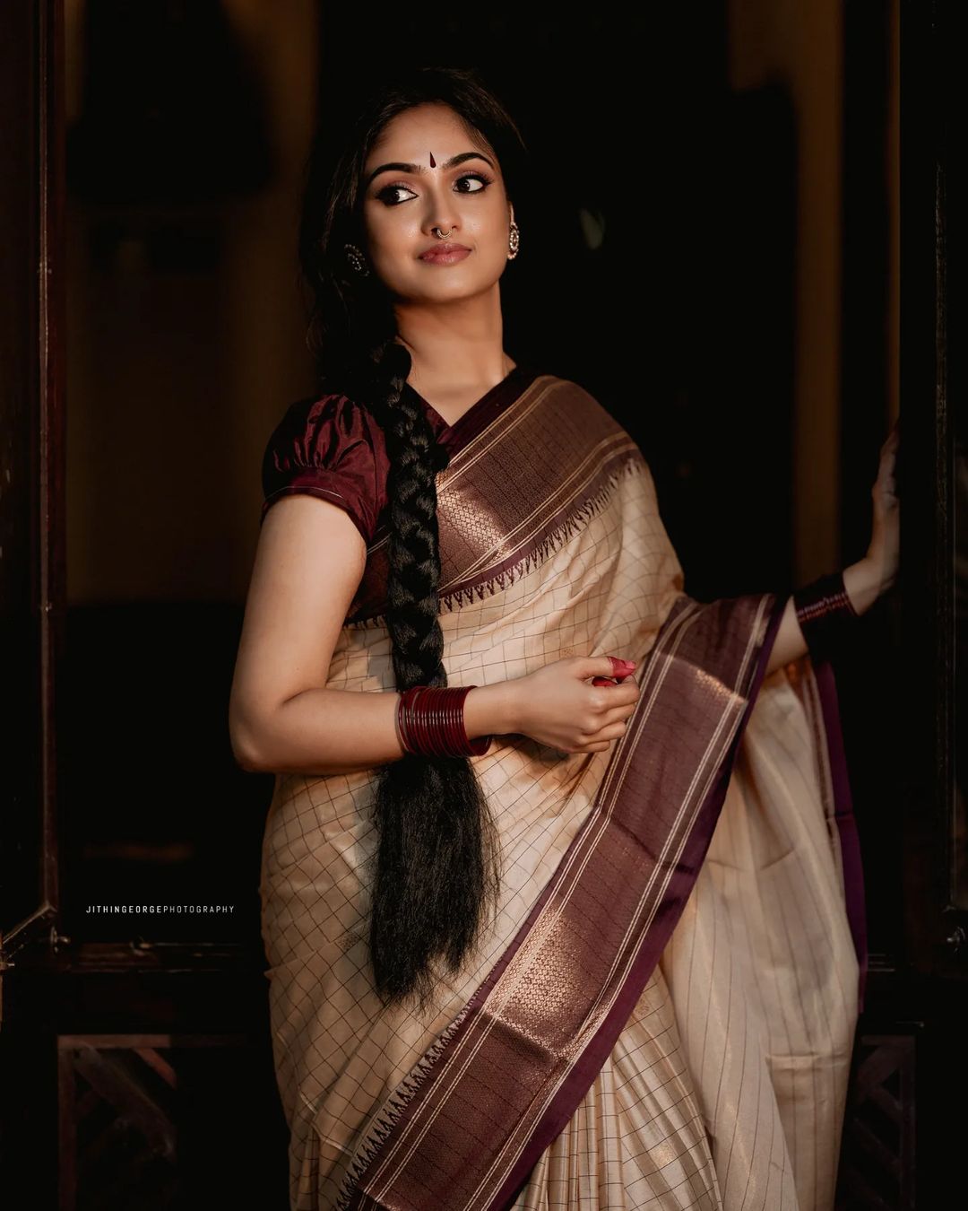 Stunning Cream Color Saree With Maroon Border