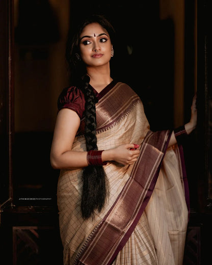 Stunning Cream Color Saree With Maroon Border