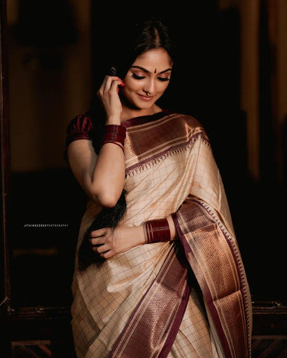 Stunning Cream Color Saree With Maroon Border