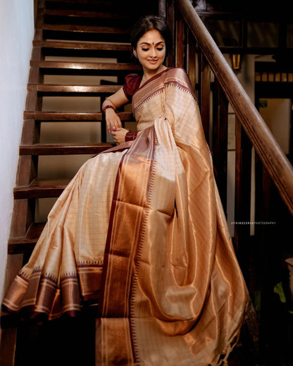 Stunning Cream Color Saree With Maroon Border