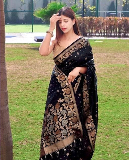 Grand Beautiful Rich Design Black Color Banarasi Saree