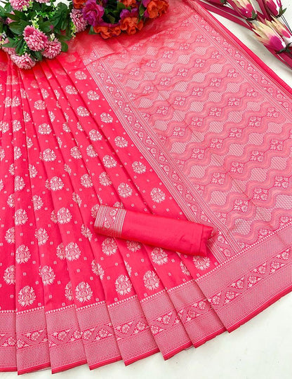 Captivating Pink Color Silver Jari Design Silk Saree