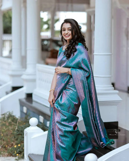 Mesmerizing Sky Blue Color With Pink Shine Saree