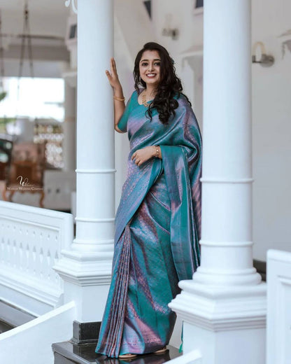 Mesmerizing Sky Blue Color With Pink Shine Saree