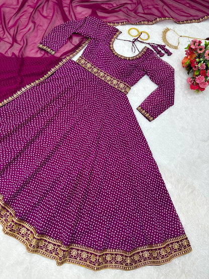 Exclusive Purple Color Thread Work With Digital Printed Gown