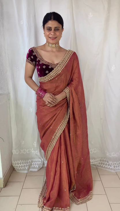 Graceful Peach Color Embroidery Lace Border Work Saree
