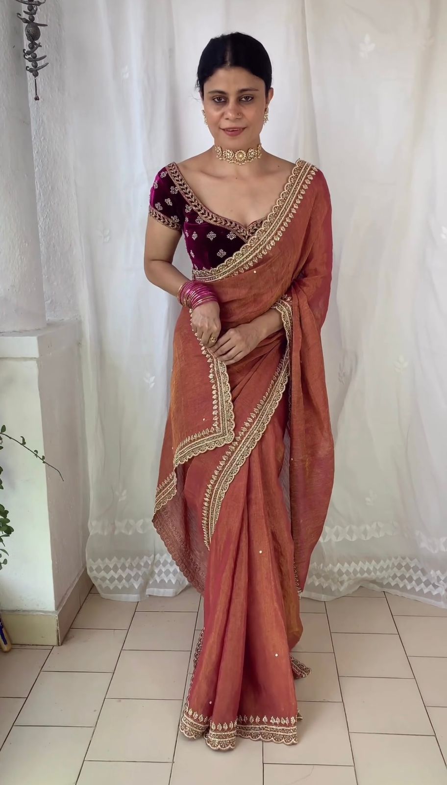 Graceful Peach Color Embroidery Lace Border Work Saree