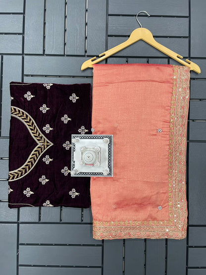 Graceful Peach Color Embroidery Lace Border Work Saree