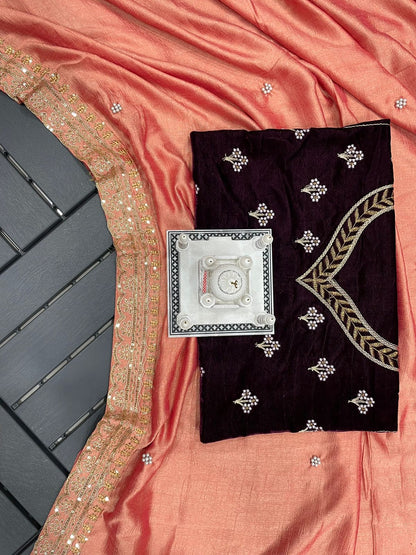 Graceful Peach Color Embroidery Lace Border Work Saree