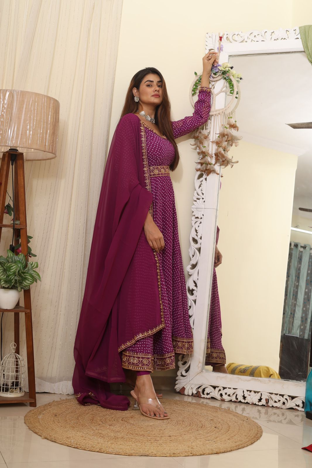 Exclusive Purple Color Thread Work With Digital Printed Gown