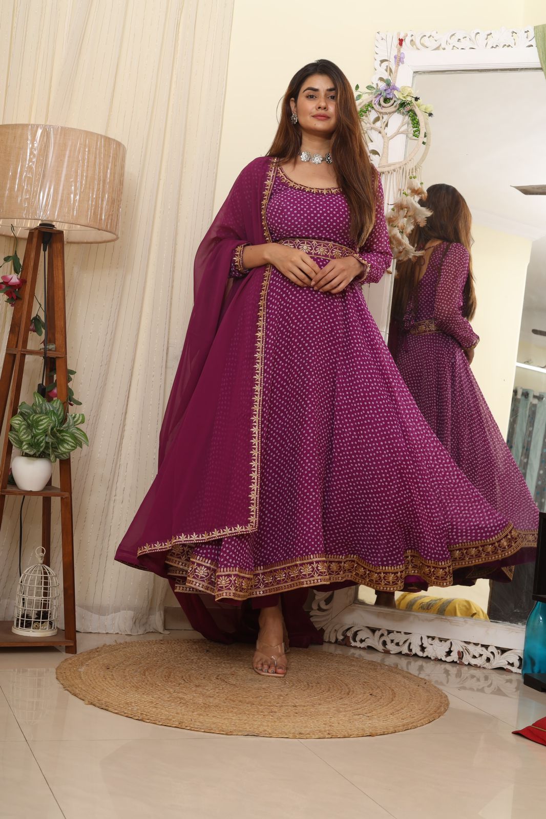 Exclusive Purple Color Thread Work With Digital Printed Gown
