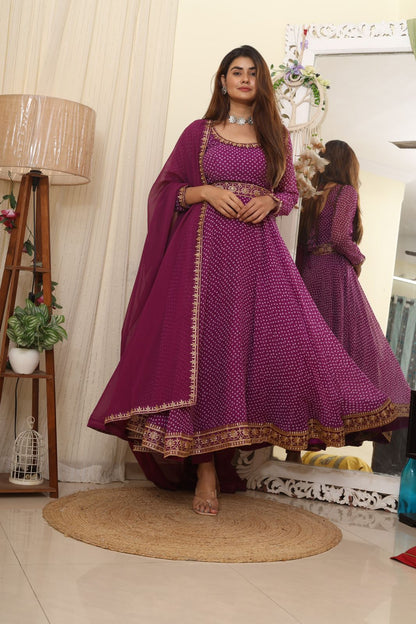 Exclusive Purple Color Thread Work With Digital Printed Gown