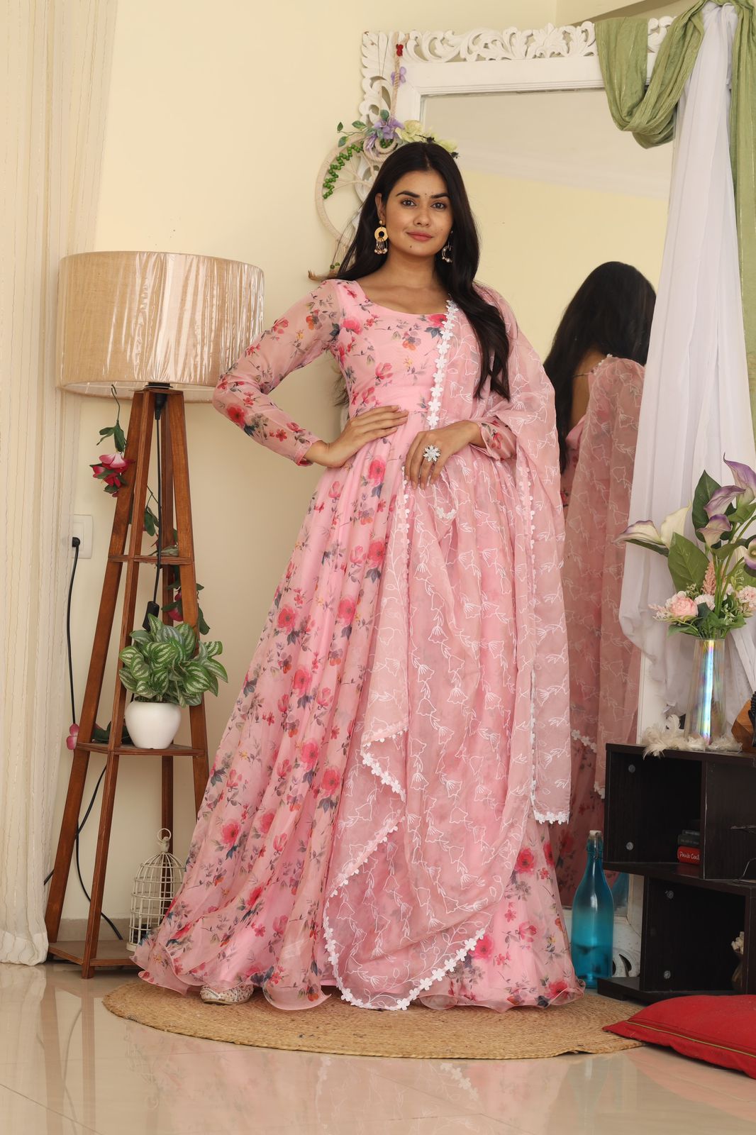 Admiring Light Pink Color Digital Print Organza Gown