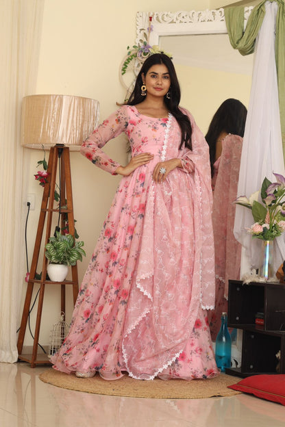 Admiring Light Pink Color Digital Print Organza Gown