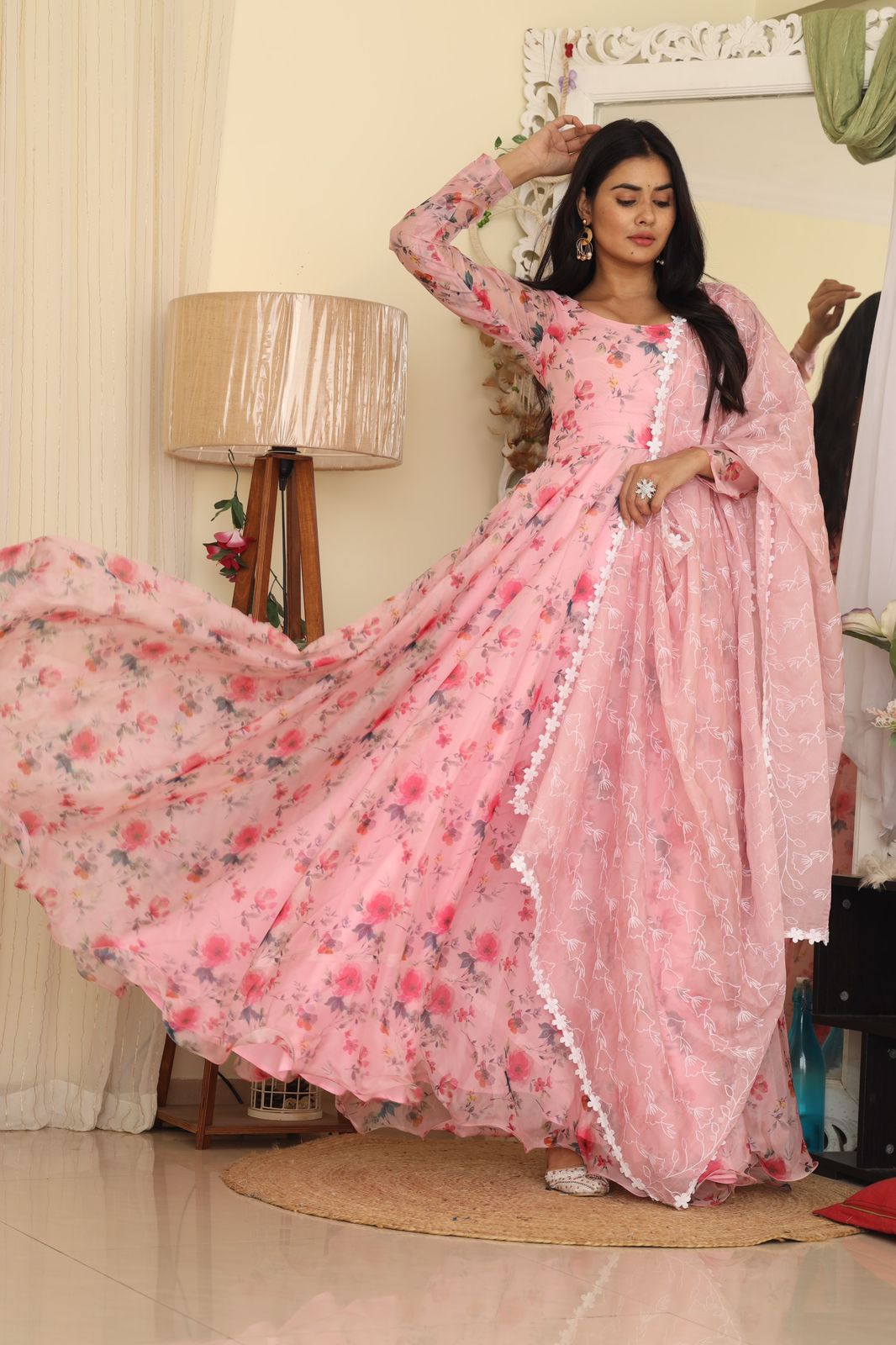 Admiring Light Pink Color Digital Print Organza Gown