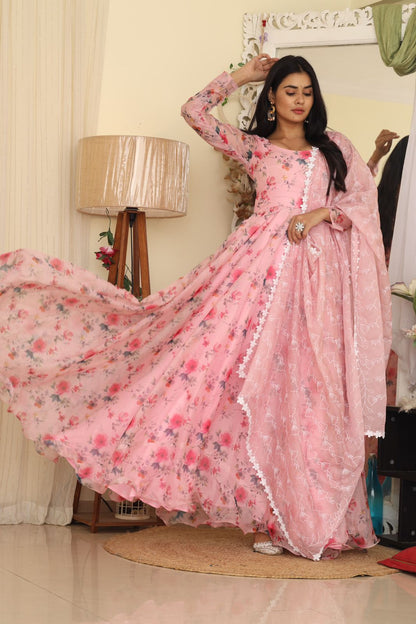 Admiring Light Pink Color Digital Print Organza Gown
