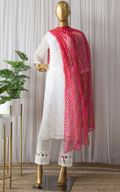 Trendy White Color Suit With Red Leheriya Print Dupatta