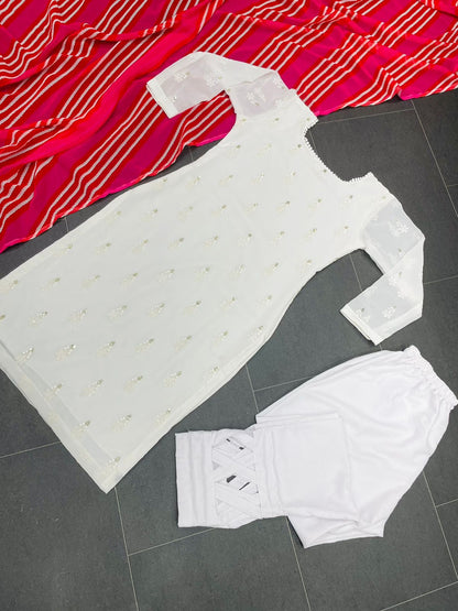 Trendy White Color Suit With Red Leheriya Print Dupatta
