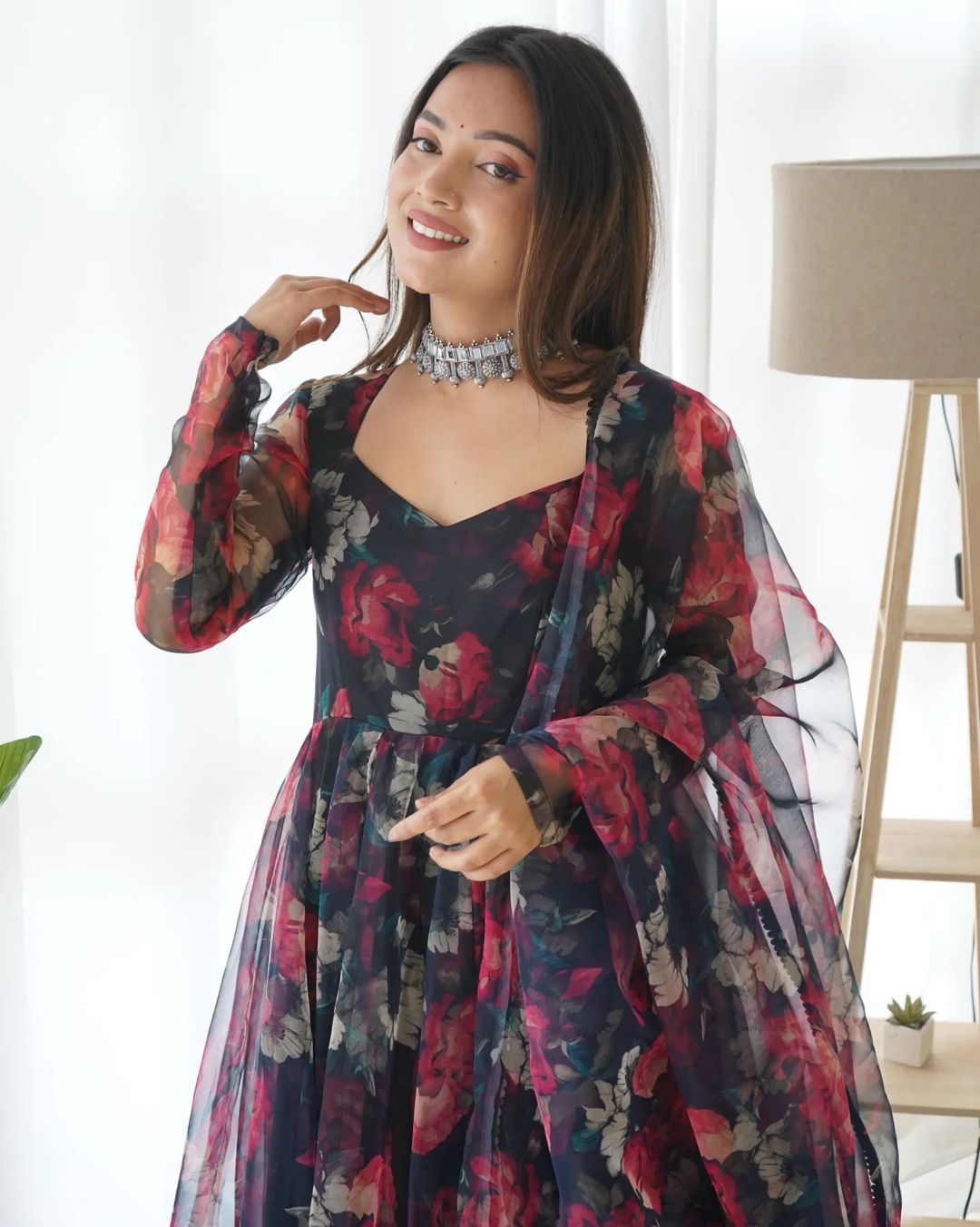 Amazing Organza Flower Printed Navy Blue Color Gown