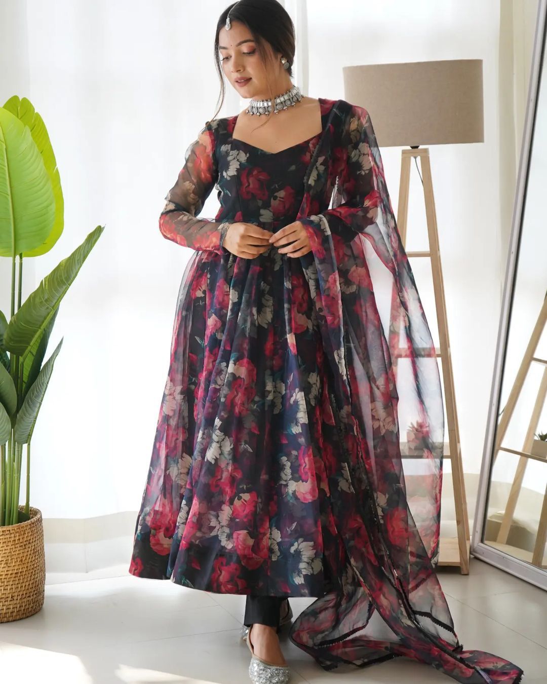 Amazing Organza Flower Printed Navy Blue Color Gown