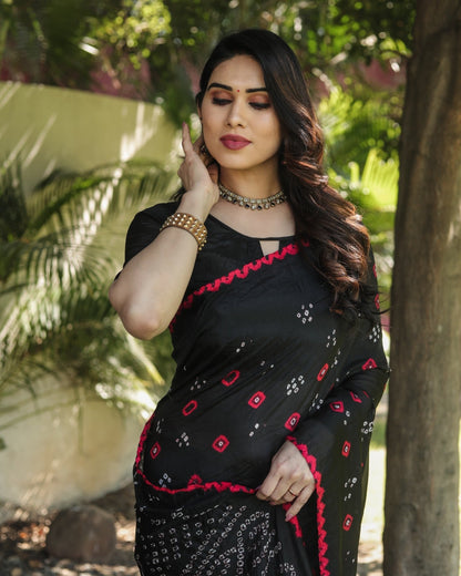 Rich Tissue Pallu With Black Color Original Bandhani Saree