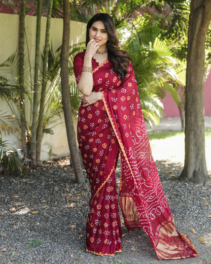 Rich Tissue Pallu With Maroon Color Original Bandhani Saree