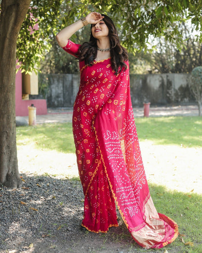 Tissue Pallu With Red Color Original Bandhani Saree