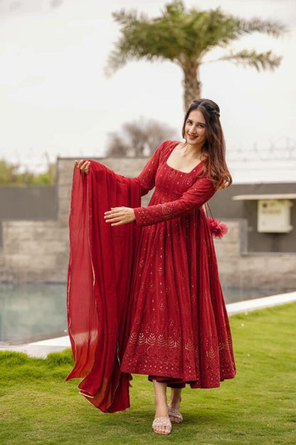 Embellished Red Color Sequence Work Gown