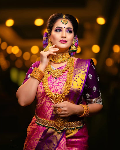 Beautiful Design All Over Pink Color Lichi Silk Saree