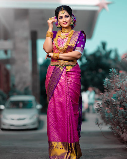 Beautiful Design All Over Pink Color Lichi Silk Saree