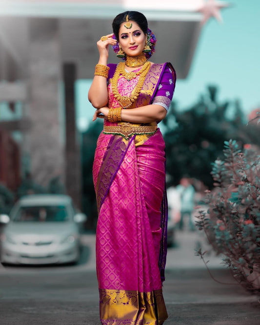 Beautiful Design All Over Pink Color Lichi Silk Saree
