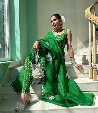 Bandhni Print Embroidery Work Green Color Salwar Suit