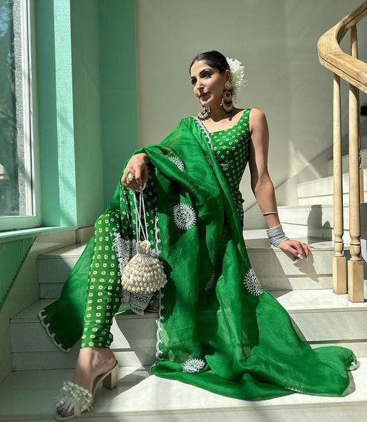 Bandhni Print Embroidery Work Green Color Salwar Suit