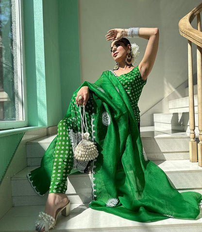 Bandhni Print Embroidery Work Green Color Salwar Suit