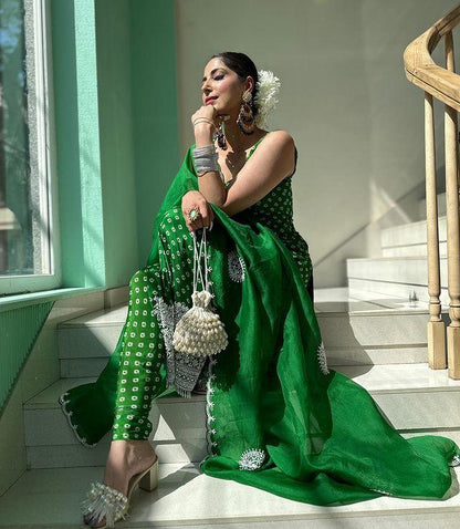 Bandhni Print Embroidery Work Green Color Salwar Suit
