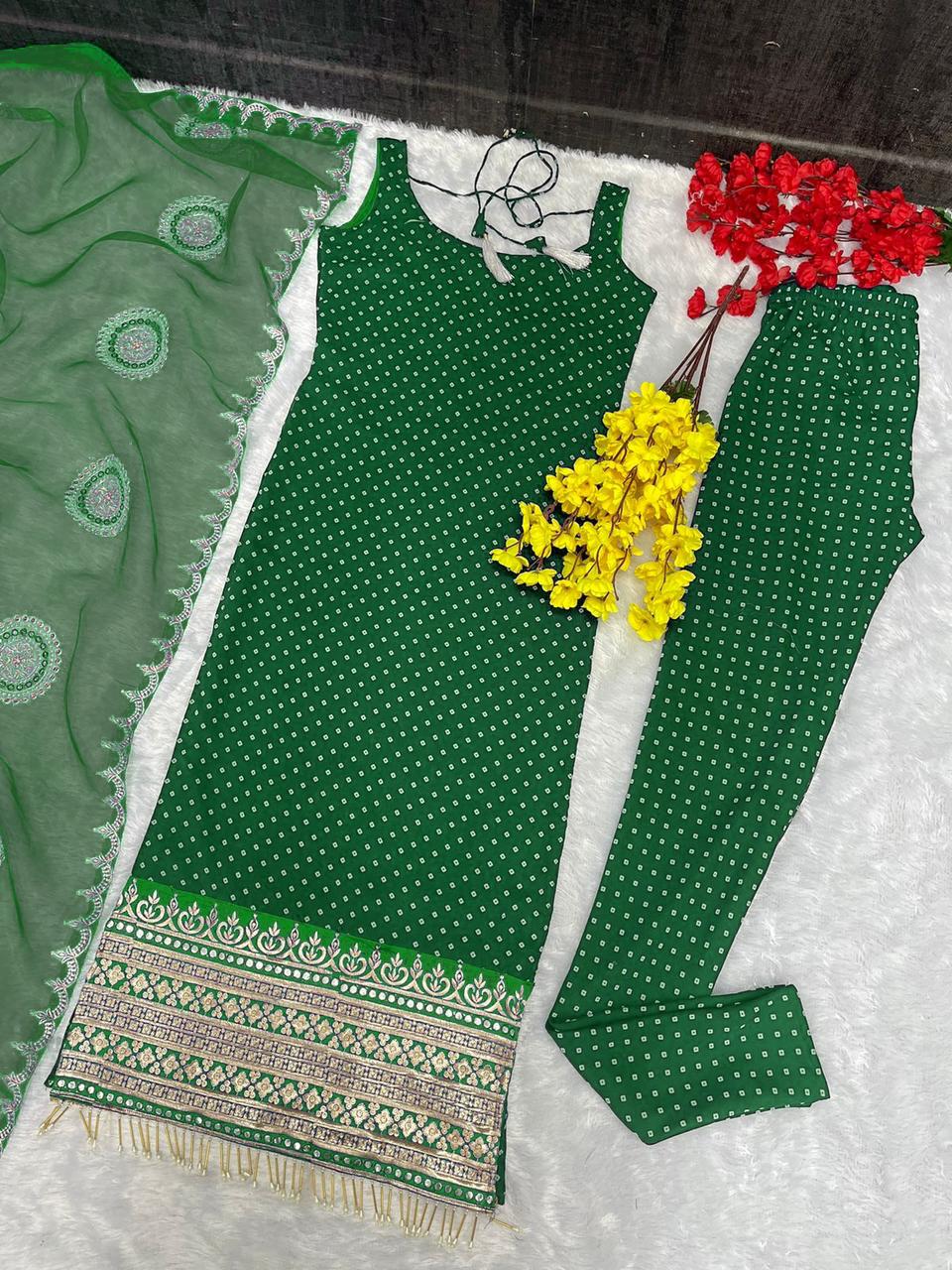 Bandhni Print Embroidery Work Green Color Salwar Suit