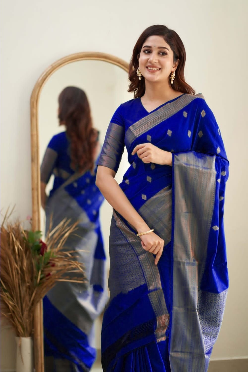 Stylish Copper Jari Design Blue Color Saree