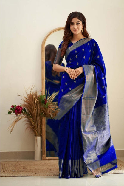 Stylish Copper Jari Design Blue Color Saree