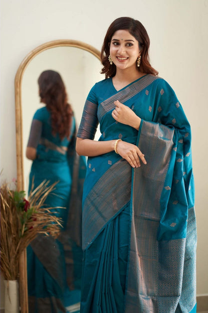 Presenting Teal Blue Color Coper Jari Saree