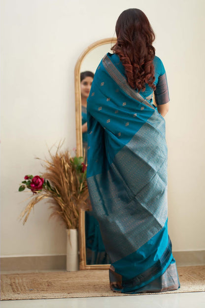 Presenting Teal Blue Color Coper Jari Saree