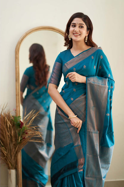 Presenting Teal Blue Color Coper Jari Saree