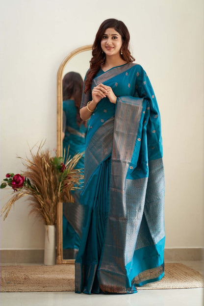 Presenting Teal Blue Color Coper Jari Saree