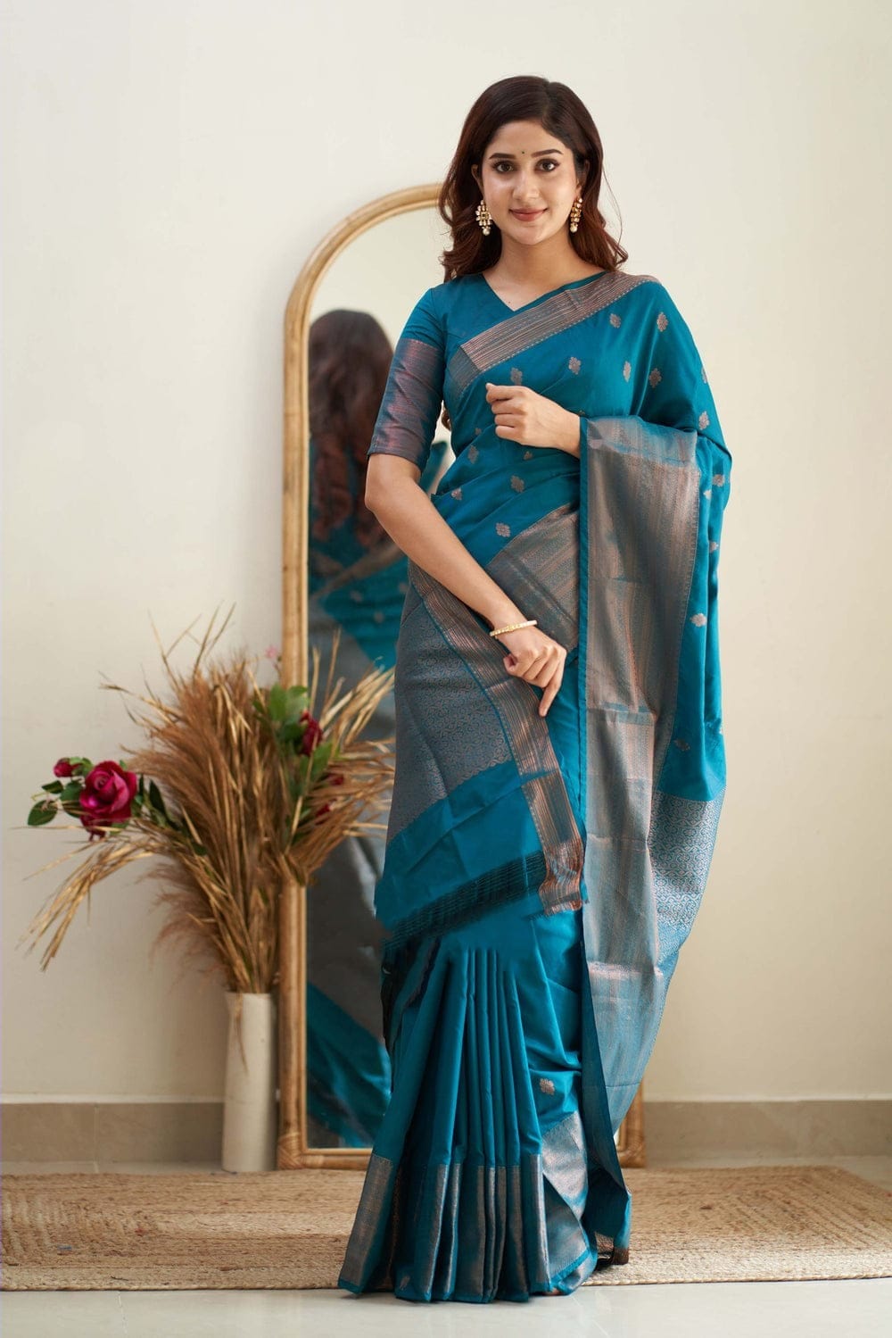 Presenting Teal Blue Color Coper Jari Saree