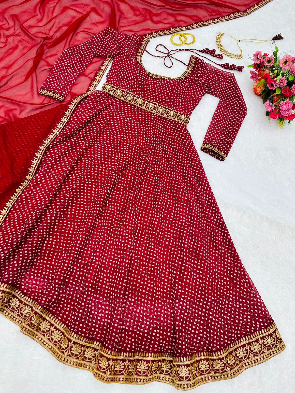 Festive Wear Digital Print Lace Work Red Color Gown