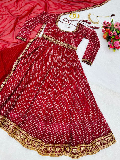 Festive Wear Digital Print Lace Work Red Color Gown