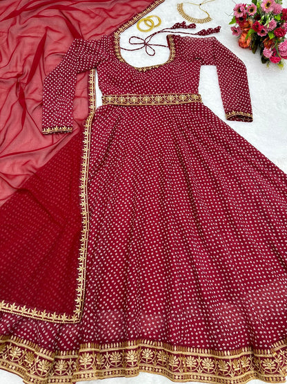 Festive Wear Digital Print Lace Work Red Color Gown